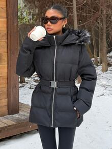 Muchica Winter Fashion Versatile Black Hooded Jacket With Belt Club Everyday Streetwear Casual - Black - View 5