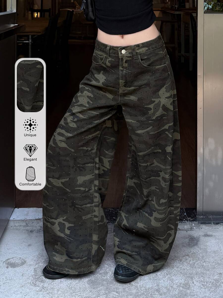 DAZY Celana Jeans Wanita Hitam Motif Kamuflase dengan Potongan Lurus Longgar, Model Street Casual, Musim Gugur - Hijau Tentara - View 1