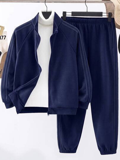 SHEIN Kids Tween Boy Christmas Green Casual College Style Side-Seam Webbing Trim Stand Collar Open Front Long Sleeve Top And Webbing Cuffed Solid Color Knit Pants 2-Piece Set