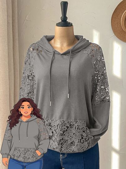Rusticease Plus Size Gray Pocket Drawstring Lace Patchwork Hooded Long Sleeve Sweatshirt Casual Streetwear Fall Winter 2026