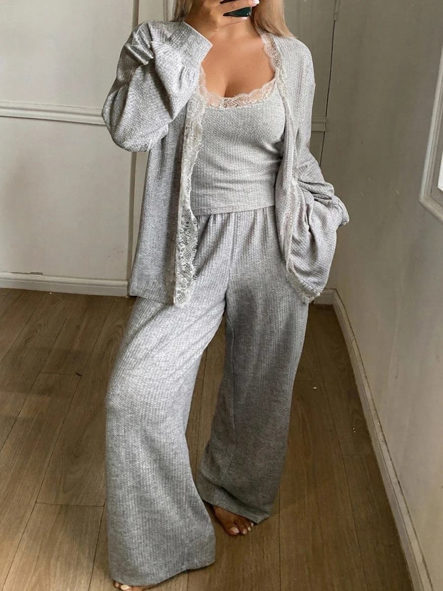 Dazy Plus Plus Size Women Lace Patchwork Camisole, Long Sleeve Cardigan And Pants Casual Daily Home Sleepwear Set Fall - Grey - View 1