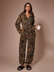 Lazeform American Retro Animal Print Plush Oversized Slimming Long Sleeve Jumpsuit Loungewear - Multicolor - View 5