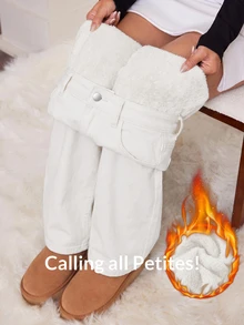 SHEIN PETITE Women's Winter Thermal Lined Button Pocket Jeans Fall Clothes - White - View 7