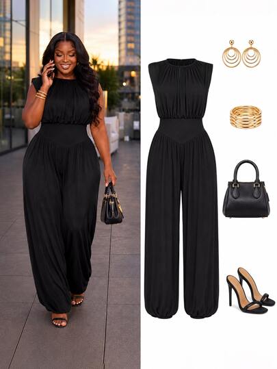 Poshavie Poshavie Plus Size Women's Fashion Ruched Jumpsuit, Elastic Fabric Waist-Cinched Slimming Design, Versatile For Party, Outing, Photography And Travel