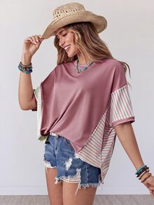 Wildy American Boho Tropical Casual Western Country Dusty Rose Women's Spring Summer Daily Basic Outfit Loose Top T-Shirt For Outing Vacation And Commuting - Mauve Purple - View 8