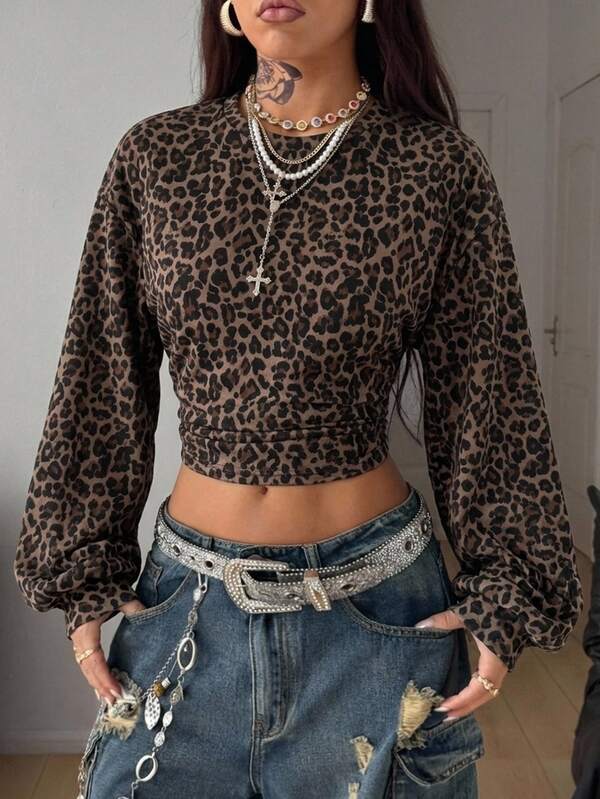 Coolane Women's Crew Neck Cinched Waist Leopard Print Sweatshirt, Casual Minimalist Vintage Punk Y2K Versatile Party Print Top, Women's Autumn Clothing, Autumn Outfit, Women's Commute Outfit, All-Match Top, Going Out Outfit, Airport Outfit