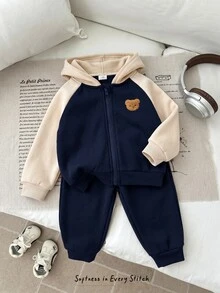 Cozy Pixies 男嬰卡通熊圖案拼色長袖秋冬夾克彈性腰長褲2件套，保暖內裡加厚，適合冬季 - 藏蓝色 - 查看 8