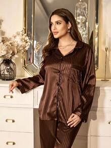 MuseNap CURVE Striped Jacquard Faux Silk Lapel Cardigan Plus Size Pajama Set - Brown - View 6