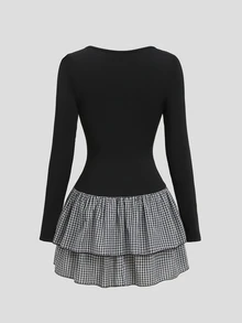 Sweetra Women's Autumn/Winter Fashion Design American Retro Black & White Small Checkered Double Layer Ruffle Patchwork Black Knit Fitted Slimming Sweet Lace Trim Long Sleeve Short Dress - Black - View 2