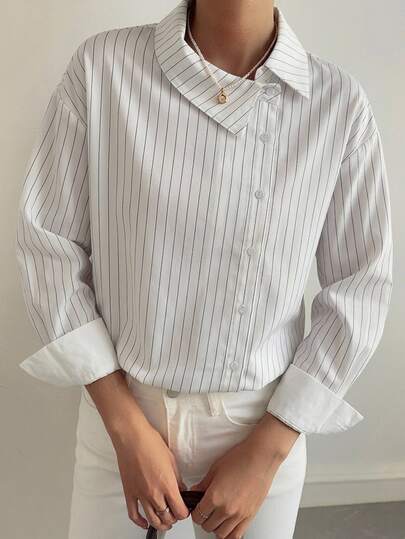 Livesso Autumn  Loose Business Casual Style 2 In 1 Colorblock Patchwork Fine Stripe Design Asymmetrical Placket Fashion Street Commute Elegant Women's Shirt