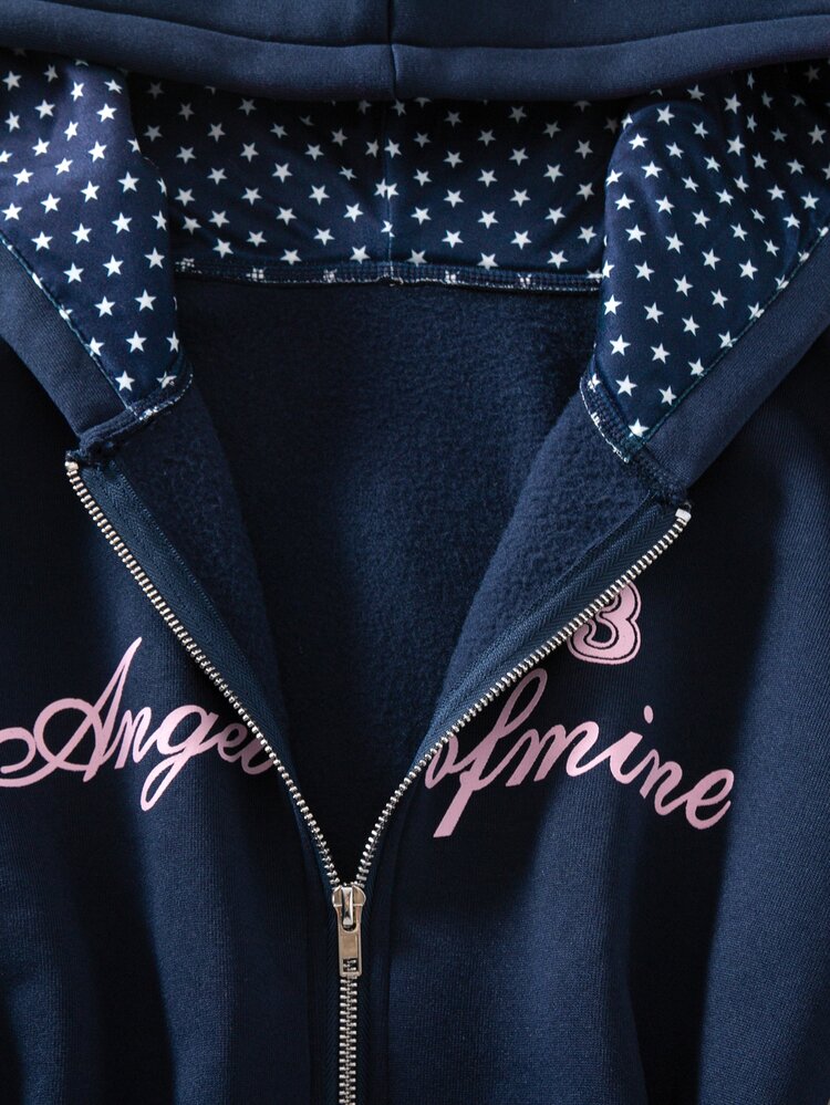 Sparklyn Teen Girls Sweet Cute Pink Letter Print Zipper Jacket Thermal Lined Warm Sweatshirt Autumn Winter - Blue - View 4