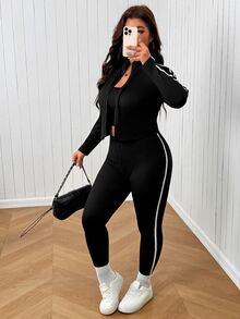 SHEIN EZwear Plus Size Cropped Jacket & Leggings 2pcs Set - Black - View 5