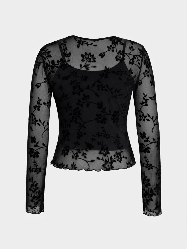 SHEIN Kids Tween Girls Casual Elegant Street Lace Flocked Mesh Crew Neck Long Sleeve T-Shirt With Camisole, Halloween Outfit - Black - View 4