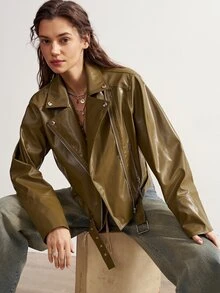 Bohemela Women's Solid Color PU Leather Casual Streetstyle Streetwear Versatile Daily Long Sleeve Jacket Everyday Olive Green Autumn - Army Green - View 1