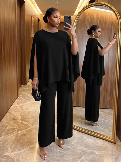 SHEIN Lady Plus Size Elegant Party Cape Sleeve Top And Pants 2 Pieces Set