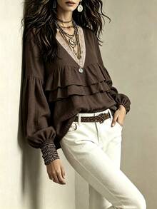 LUMIGAL Spring/Autumn Women's Lace V-Neck Ruffle Lantern Sleeve Casual Boho Blouse Dating Everyday Commuting Party Brown - Brown - View 4