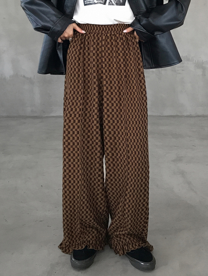 FRIFUL Women's Checkerboard Pocket Wide Leg Loose Casual Vintage Long Pants School Brown Checkered Autumn