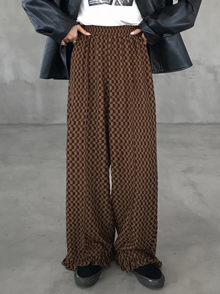 FRIFUL Women's Checkerboard Pocket Wide Leg Loose Casual Vintage Long Pants School Brown Checkered Autumn - Rust Brown - View 1