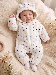 SHEIN Baby Girl Autumn/Winter Cute Fluffy Polka Dot Hooded Romper - White - View 3