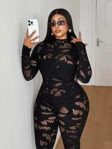 Maweii جمبسوت نسائي مقاس كبير بتصميم مفرغ وأكمام طويلة مثير - الأسود - مشاهدة 2