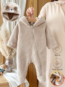 SHEIN Vintaside Kids 新生兒冬季可愛連帽連身衣，附毛絨熊耳朵，柔軟泰迪熊風加厚抓絨連身褲，男女通用秋季爬行服 - 棕色 - 查看 4