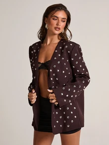 SHEIN BAE Blazer Wanita Berhiaskan Stud, Modis, Serbaguna untuk Perjalanan dan Berkomuter. - Coklat - View 5