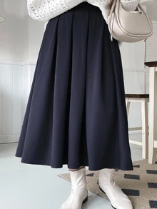 Dazy Plus Elastic Waist Pleated A-Line Fun Commute Versatile Long Skirt - Navy Blue - View 6