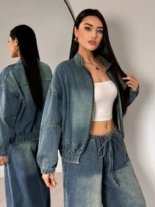 Flexra American Vintage Nano Yellow Washed Denim Jacket Loose Fit Dropped Shoulder Stand Collar Zipper Cuffed Casual Baseball Jacket Autumn/Winter - Light Wash - View 4