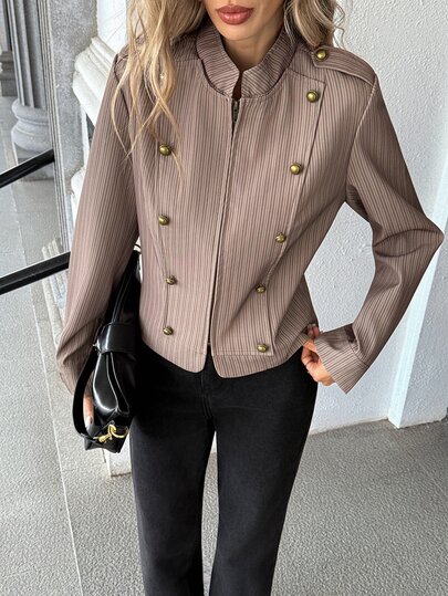 Pariaura Maillard Coffee Brown Striped Stand Collar Short Jacket Women Vintage Metal Button Shoulder Epaulette Design Fitted Short Blazer Versatile Commute Top