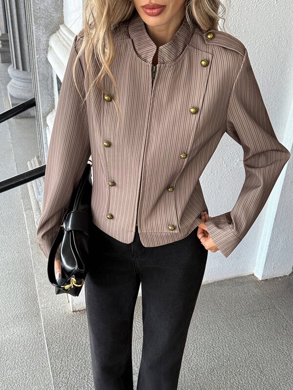 Pariaura Maillard Coffee Brown Striped Stand Collar Short Jacket Women Vintage Metal Button Shoulder Epaulette Design Fitted Short Blazer Versatile Commute Top