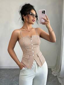 Elenzga 女款條紋休閒百搭日常穿著細肩帶背心上衣 - 棕色 - 查看 4
