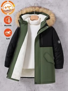 SHEIN 男童棉質加厚外套，黑色與軍綠色拼接連帽毛領填充外套，適合冬季與戶外穿著 - 軍綠色 - 查看 2