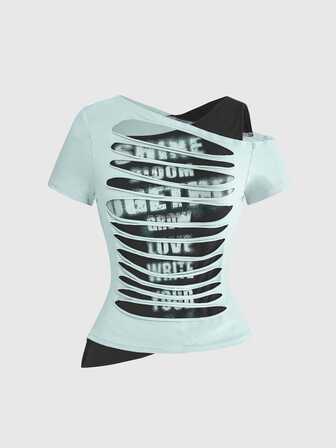 Grunge Punk Camiseta para mujer Y2K sexy hot girl con dobladillo asimétrico, estampado de letras, diseño burnout, cuello asimétrico y ajuste slim fit 2 en 1