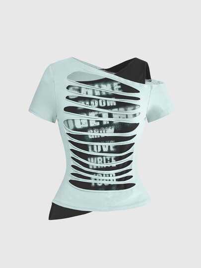 Grunge Punk Camiseta para mujer Y2K sexy hot girl con dobladillo asimétrico, estampado de letras, diseño burnout, cuello asimétrico y ajuste slim fit 2 en 1