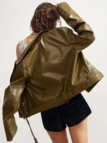 Bohemela Women's Solid Color PU Leather Casual Streetstyle Streetwear Versatile Daily Long Sleeve Jacket Everyday Olive Green Autumn - Army Green - View 6