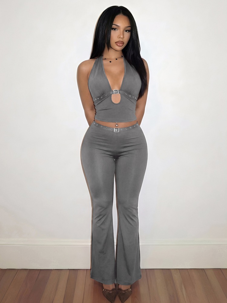 Slaydiva Summer Sexy Spaghetti Strap Eyelet Strap Top And Flare Pants 2 Pieces Set - B - Grey - View 5