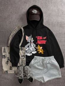 TOM & JERRY X SHEIN SHEIN EZwear 女款卡通圖案休閒日常運動衫 - 黑色 - 查看 4