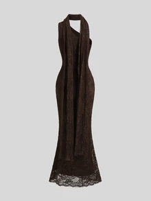 Sweetra Women's One-Shoulder Fitted Maxi Dress With Versatile Shawl, Elegant And Sexy, Party And Banquet Style - Brown - View 2