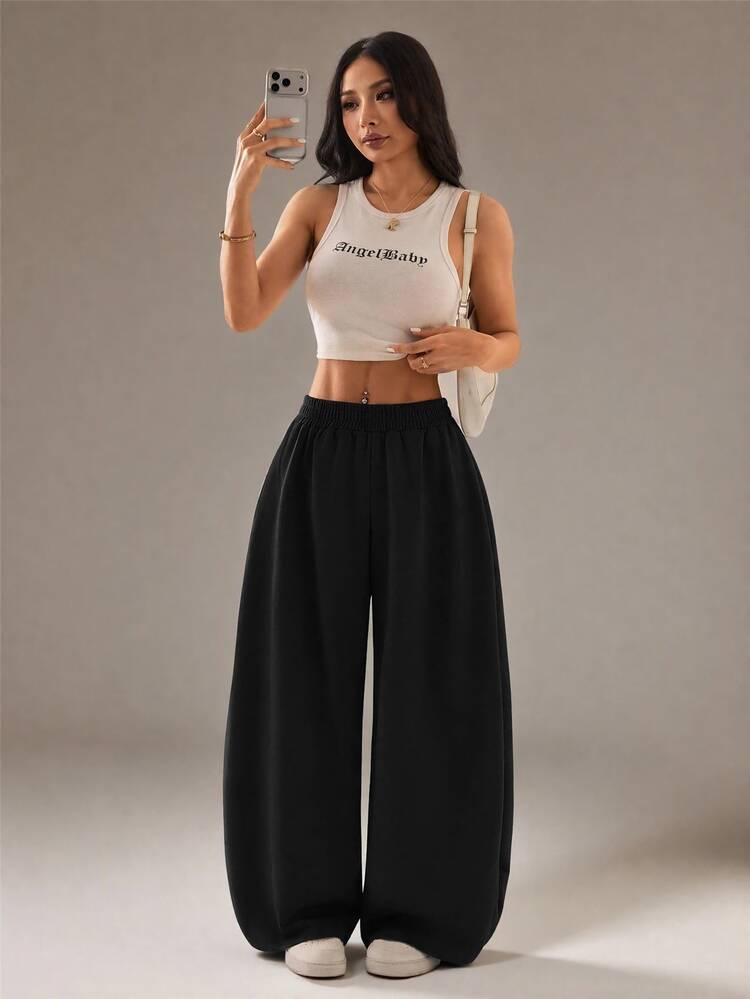 Vivamere Women's Solid Color Elastic Waist Wide Leg Loose Casual Sweatpants - Black - View 7