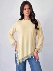 Firerie Women's Lace Patchwork Casual Versatile Daily Wear T-Shirt - Light Yellow - View 4