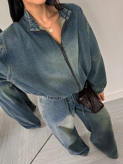 Flexra American Vintage Nano Yellow Washed Denim Jacket Loose Fit Dropped Shoulder Stand Collar Zipper Cuffed Casual Baseball Jacket Autumn/Winter