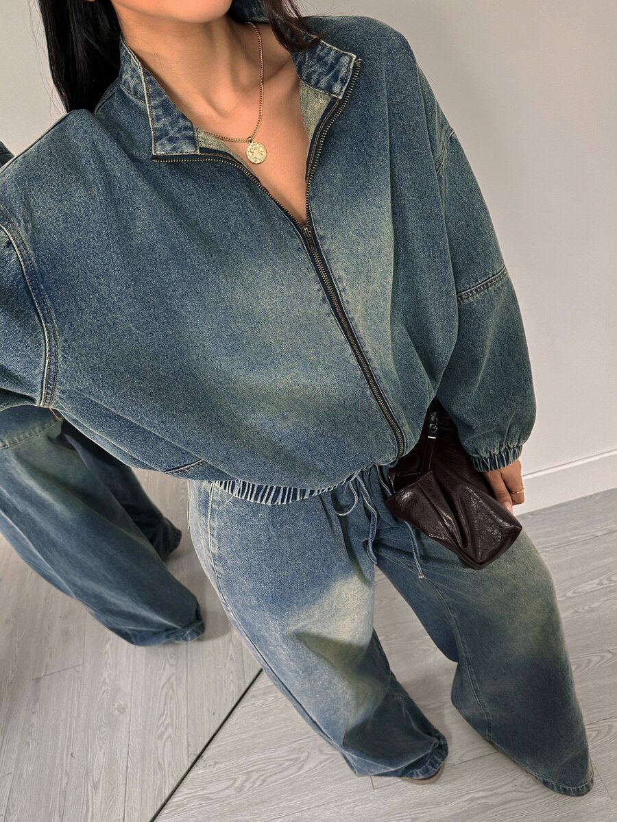 Flexra American Vintage Nano Yellow Washed Denim Jacket Loose Fit Dropped Shoulder Stand Collar Zipper Cuffed Casual Baseball Jacket Autumn/Winter