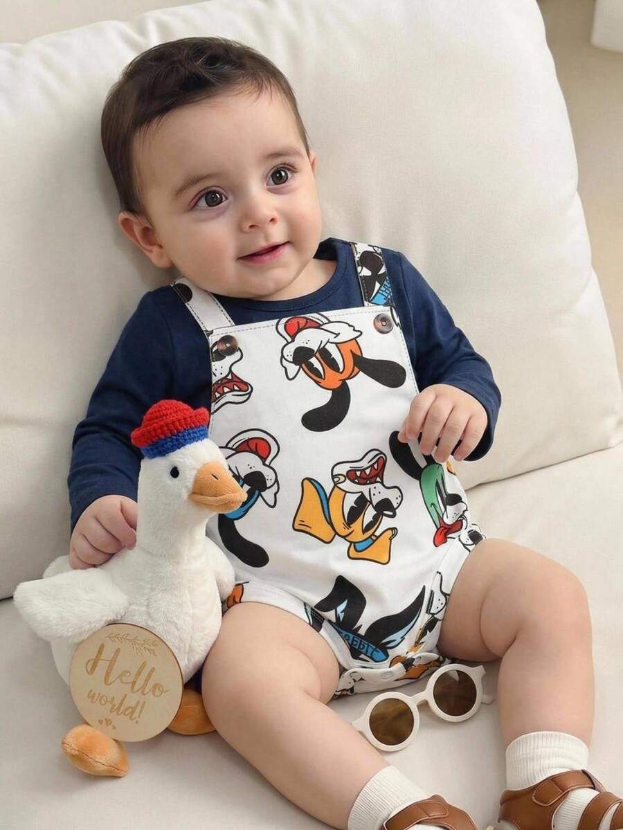 SHEIN Baby Boy Cartoon Pattern Colorblock Knitted Soft Round Neck Long Sleeve Bodysuit, Versatile And Comfortable - Multicolor - View 1