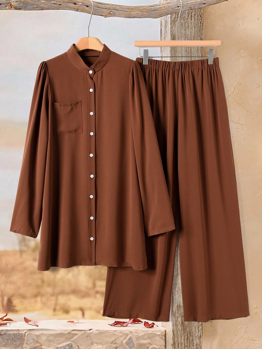Rusticease 女款純色長袖上衣與長褲休閒日常兩件套 - 鏽棕色 - 查看 1