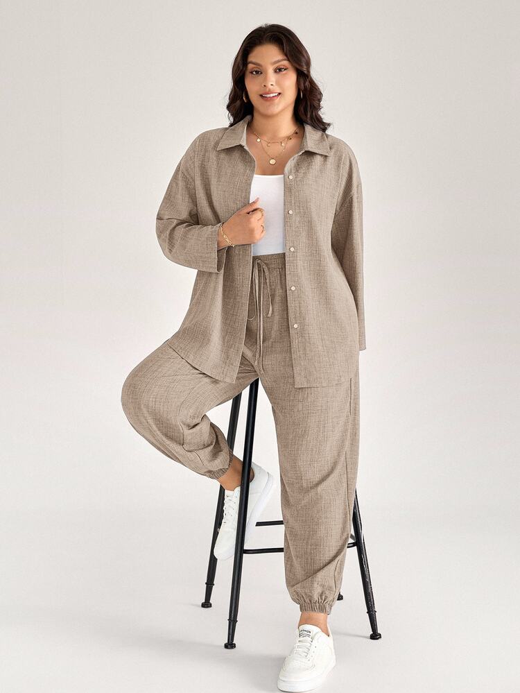 Comfylo Plus Size Casual Commuter Shirt And Pants 2 Pieces Set Fall - Mocha Brown - View 5