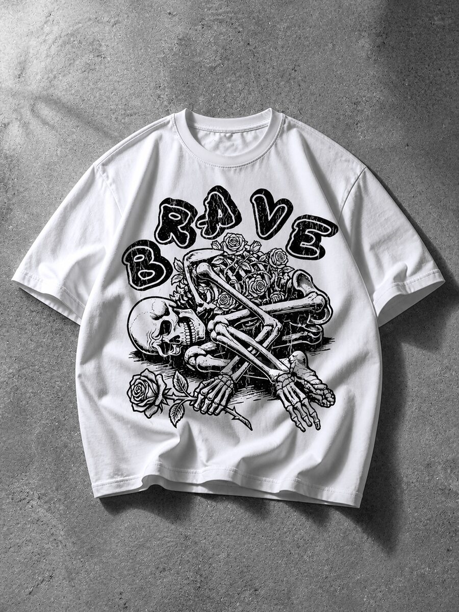 Manfinity EMRG Men's Letter & Skeleton Graphic Casual Daily Short Sleeve T-Shirt - White - View 1