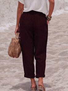 SHEIN Holidaya Casual Vacation Style Solid Color Long Pants - Red - View 2