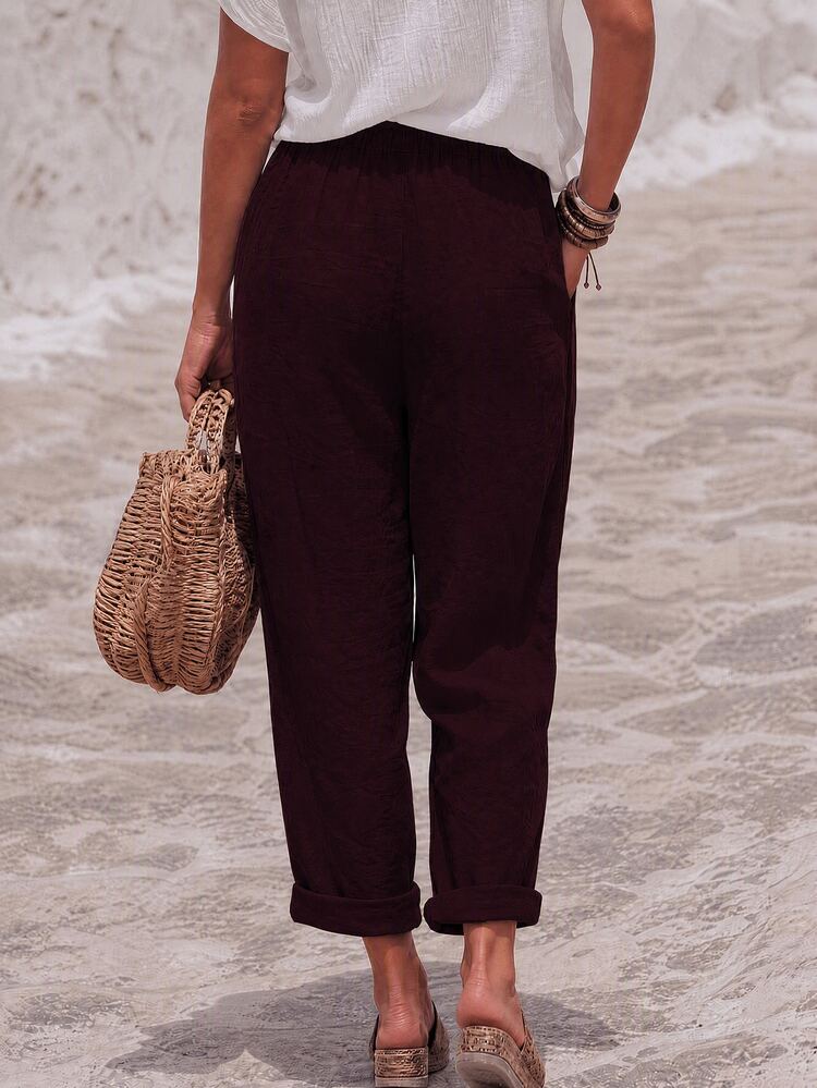SHEIN Holidaya Casual Vacation Style Solid Color Long Pants - Red - View 2