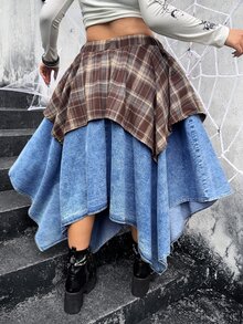 Jeanoix Plus Size Plaid Patchwork Asymmetric Hem Denim Skirt - Multicolor - View 3