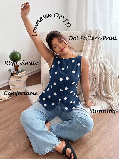 Lounesse Plus Size Women Polka Dot Casual Versatile Everyday Outing Shirt